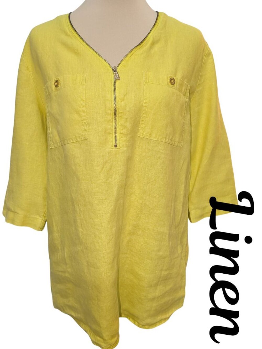 Company Ellen Tracy Yellow 100% Linen Zipper V-Neck Tunic Top Shirt